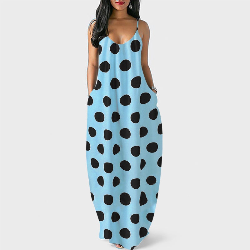 Plus Size Deep V Neck Spaghetti Strap Maxi Dress with Digital Polka Dot Print - Image 4