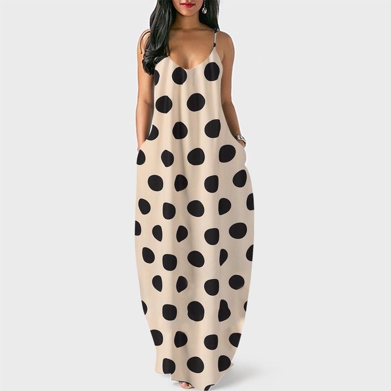 Plus Size Deep V Neck Spaghetti Strap Maxi Dress with Digital Polka Dot Print - Image 5