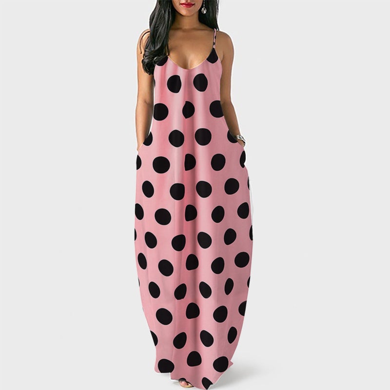 Plus Size Deep V Neck Spaghetti Strap Maxi Dress with Digital Polka Dot Print - Image 3