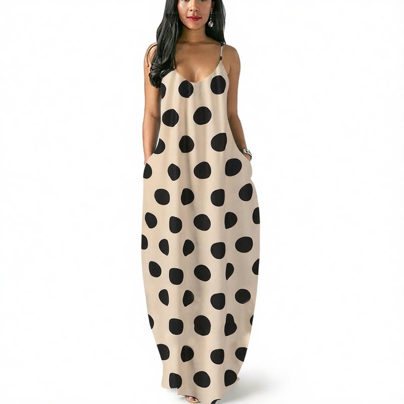 Plus Size Deep V Neck Spaghetti Strap Maxi Dress with Digital Polka Dot Print - Image 2