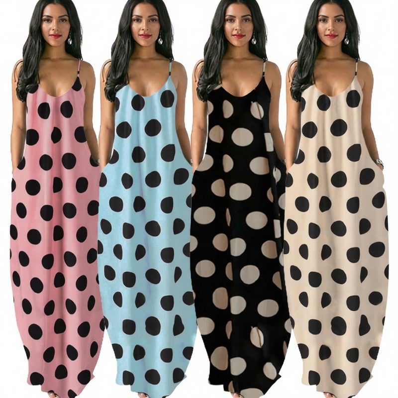 Plus Size Deep V Neck Spaghetti Strap Maxi Dress with Digital Polka Dot Print - Image 1