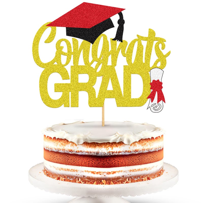 Katchon  Glitter Graduation Cake Topper - 6.5 Inch | Gold Congrats Grad Cake Topper for Graduation Decorations Class Of 2024 | graduation Party Decorations - Image 1