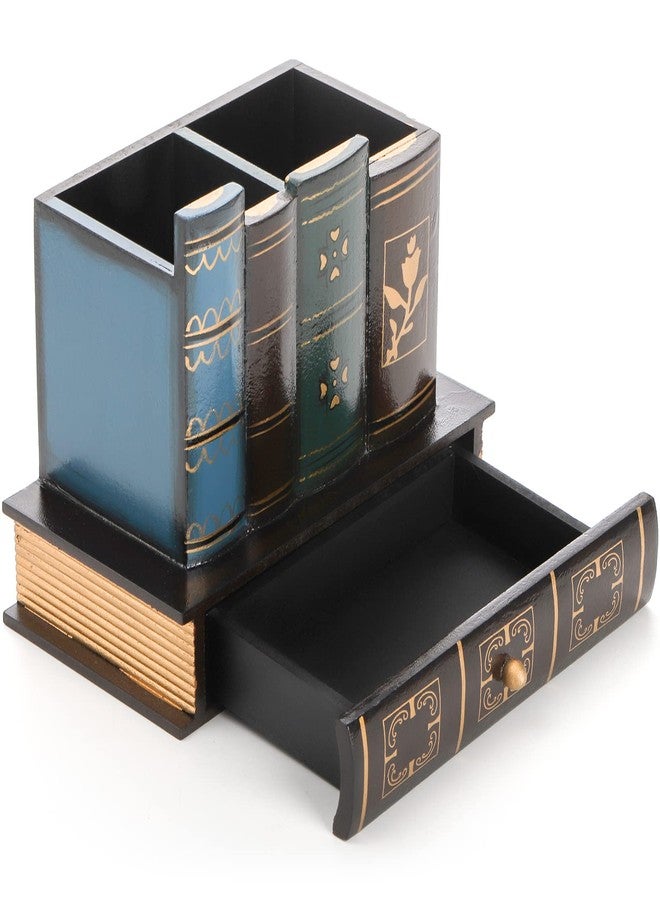 Tosnail Decorative Pen Holder with Storage Drawer, Wooden Pencil Holder and Organizer, Antique Library Books Design Pen Cup Caddy for Office Supplies, Countertop, Desk, Table - Image 3