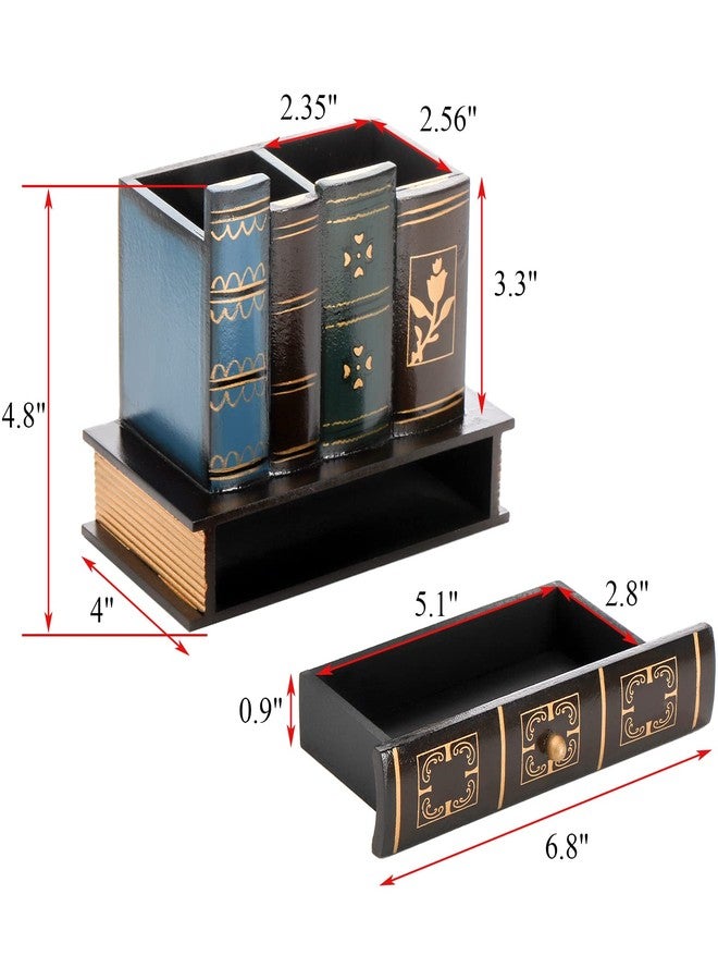 Tosnail Decorative Pen Holder with Storage Drawer, Wooden Pencil Holder and Organizer, Antique Library Books Design Pen Cup Caddy for Office Supplies, Countertop, Desk, Table - Image 2