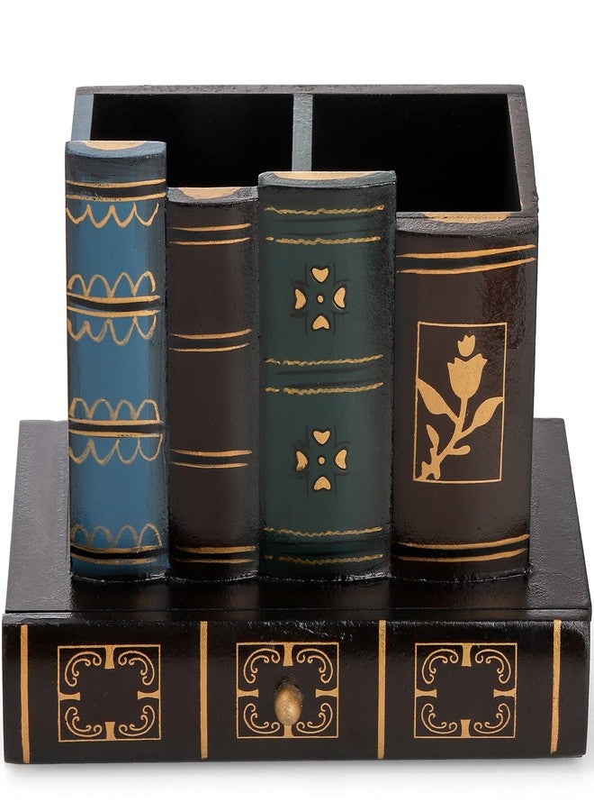 Tosnail Decorative Pen Holder with Storage Drawer, Wooden Pencil Holder and Organizer, Antique Library Books Design Pen Cup Caddy for Office Supplies, Countertop, Desk, Table - Image 1