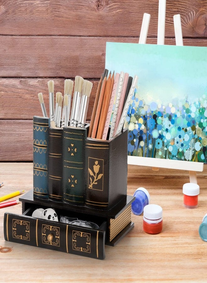 Tosnail Decorative Pen Holder with Storage Drawer, Wooden Pencil Holder and Organizer, Antique Library Books Design Pen Cup Caddy for Office Supplies, Countertop, Desk, Table - Image 5