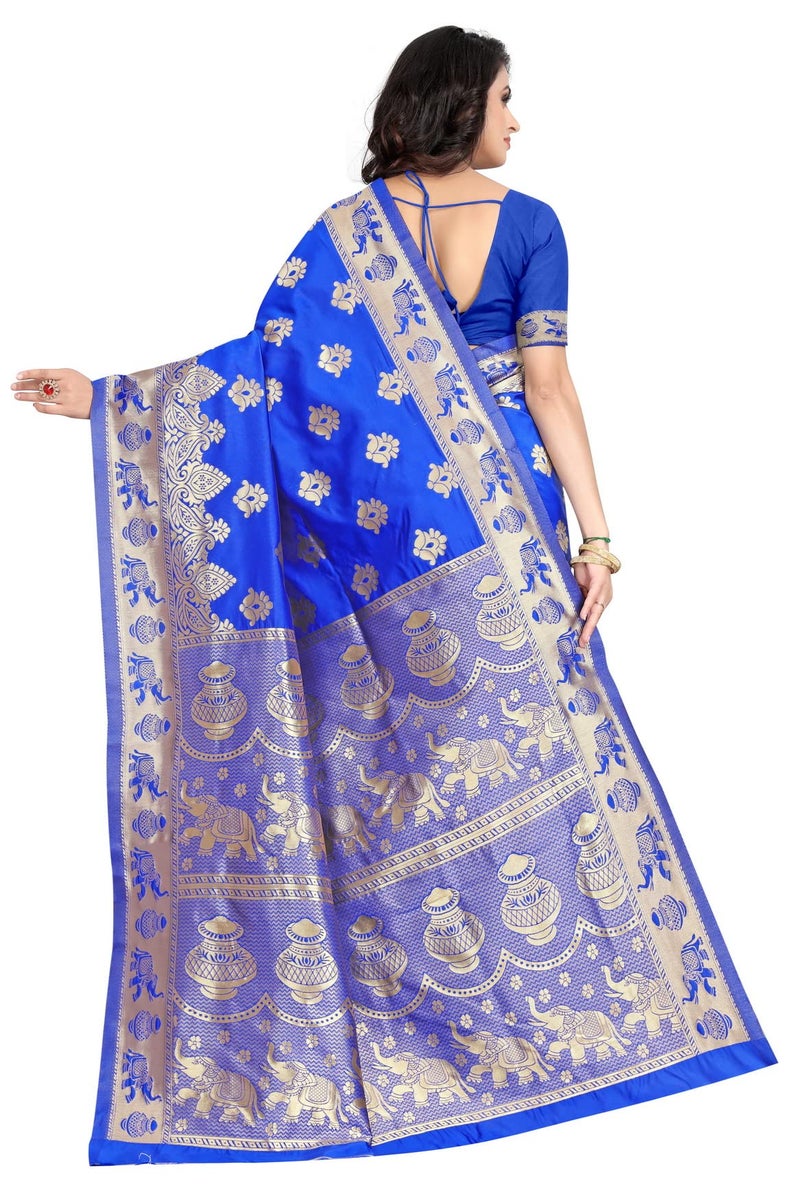 C J Enterprise Women's Pure Kanjivaram Silk Saree Soft Design With Blouse Piece For Wedding (Pari9016-54) (Royal Blue) - Image 2