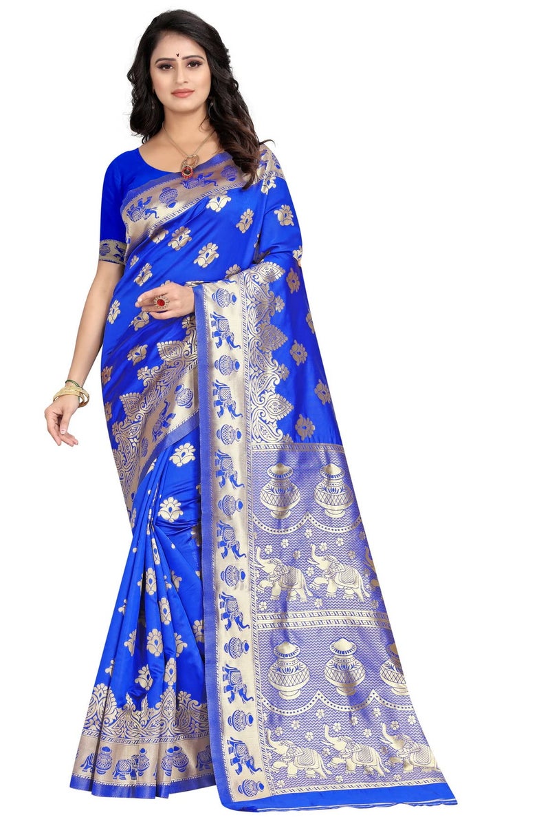 C J Enterprise Women's Pure Kanjivaram Silk Saree Soft Design With Blouse Piece For Wedding (Pari9016-54) (Royal Blue) - Image 1