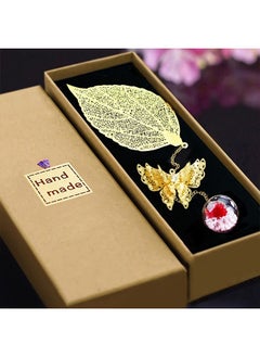 Bookmark - 3D Butterfly & Dried Flower Beads - Metal Leaf Bookmark - Handmade - To Teacher Student Reader Friend Mom Girl - Gold