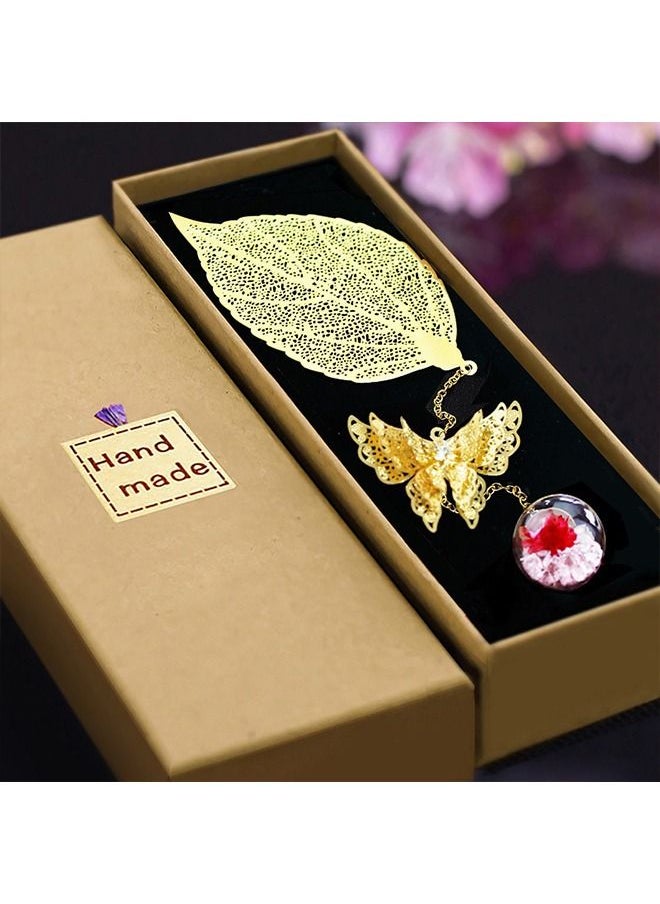 Unique - Bookmark - 3D Butterfly & Dried Flower Beads - Metal Leaf Bookmark - Handmade - To Teacher Student Reader Friend Mom Girl - Gold - Image 1