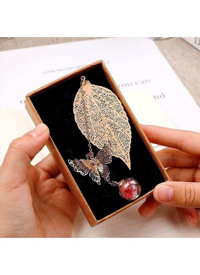 Unique - Bookmark - 3D Butterfly & Dried Flower Beads - Metal Leaf Bookmark - Handmade - To Teacher Student Reader Friend Mom Girl - Gold - Image 1