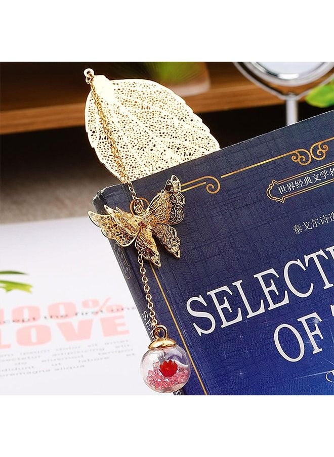 Unique - Bookmark - 3D Butterfly & Dried Flower Beads - Metal Leaf Bookmark - Handmade - To Teacher Student Reader Friend Mom Girl - Gold - Image 1