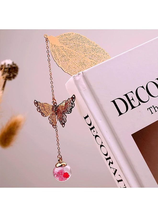 Unique - Bookmark - 3D Butterfly & Dried Flower Beads - Metal Leaf Bookmark - Handmade - To Teacher Student Reader Friend Mom Girl - Gold - Image 1