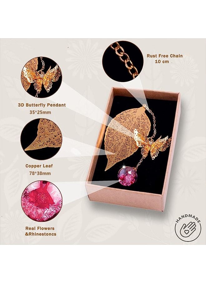 Unique - Bookmark - 3D Butterfly & Dried Flower Beads - Metal Leaf Bookmark - Handmade - To Teacher Student Reader Friend Mom Girl - Gold - Image 1