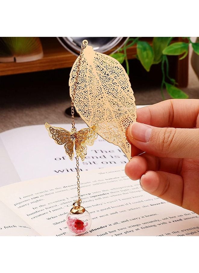 Unique - Bookmark - 3D Butterfly & Dried Flower Beads - Metal Leaf Bookmark - Handmade - To Teacher Student Reader Friend Mom Girl - Gold - Image 1