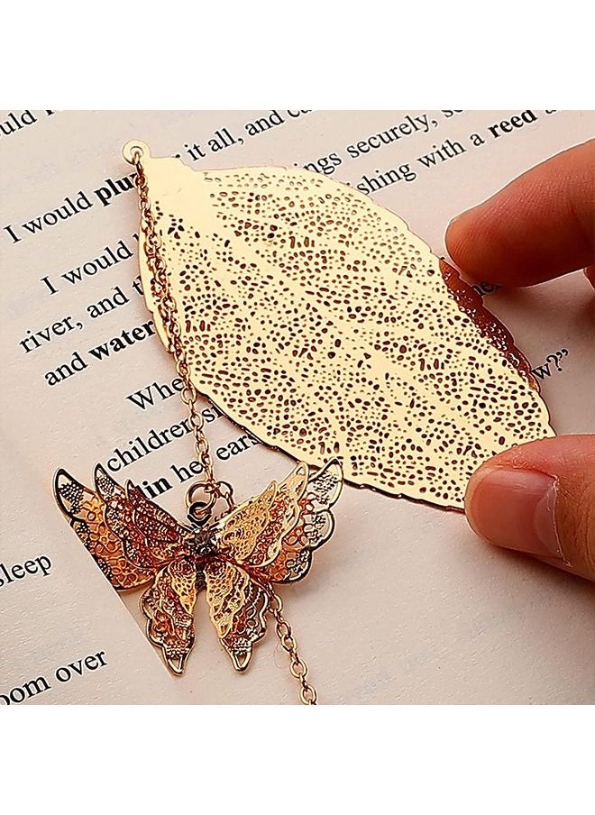 Unique - Bookmark - 3D Butterfly & Dried Flower Beads - Metal Leaf Bookmark - Handmade - To Teacher Student Reader Friend Mom Girl - Gold - Image 1