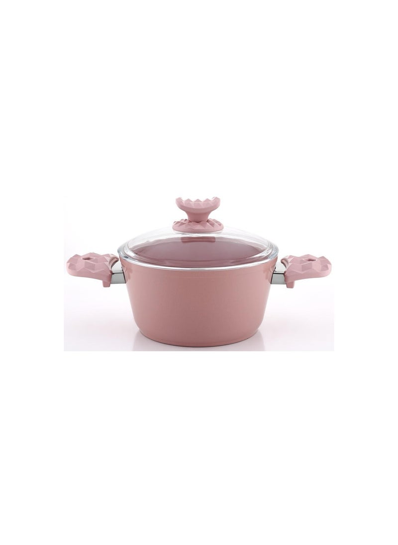 Homemaker Hella Ceramic Non-Stick Surface Casserole - 20cm - Tempered Glass Lid - PFOA Free - Pink 