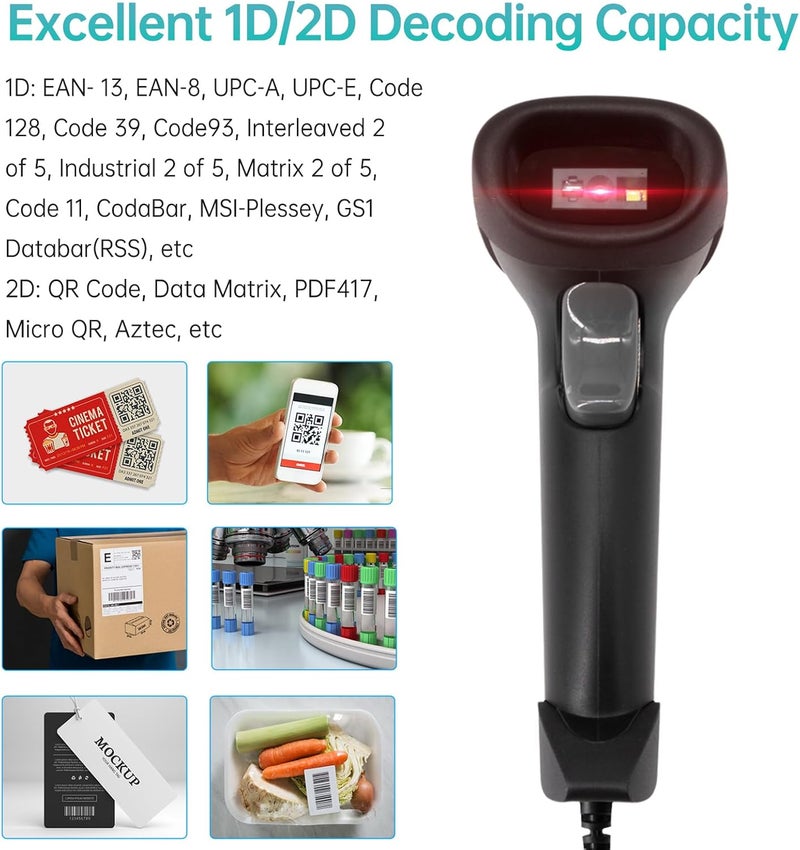 Handheld USB 2D 1D Barcode Scanner with CMOS Sensor - High Speed QR Code Reader Compatible with MacOS Linux Android - ABS PC Housing with 1.5 Meter Drop Resistance - Image 4