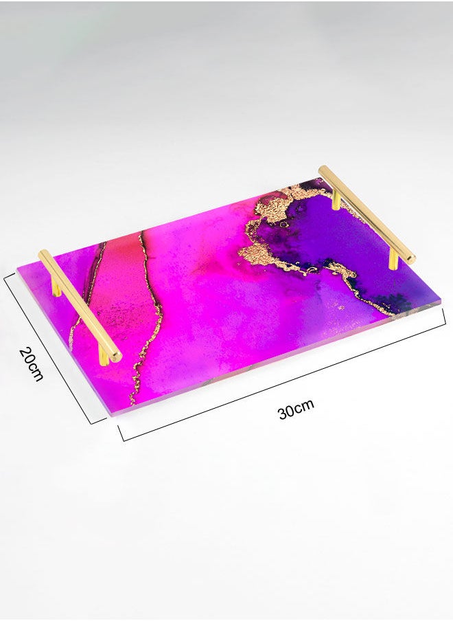 LOWHA Decorative Acrylic Serving Tray with Gold Color Metal Handles Painted Watercolor 20x30cm  - Image 2