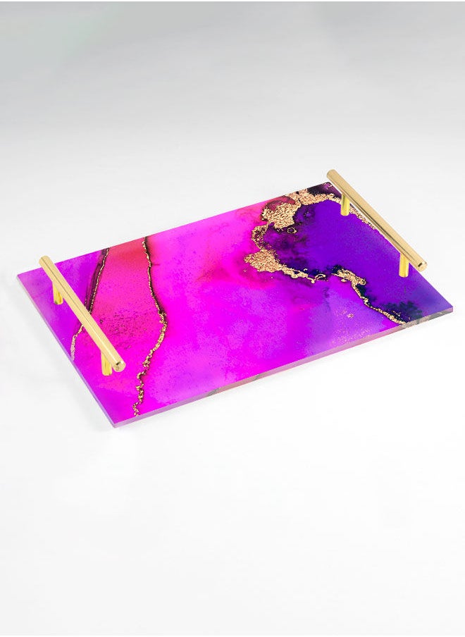 LOWHA Decorative Acrylic Serving Tray with Gold Color Metal Handles Painted Watercolor 20x30cm  - Image 1