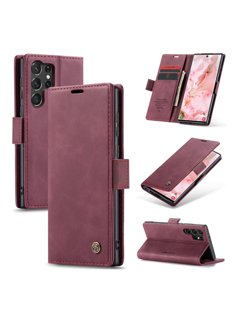 CaseMe Phone Case Luxury PU Leather Design 013 Flip Cover Card Slot Holder Cover For Samsung Galaxy S24 Ultra (Wine Red)  - Image 1