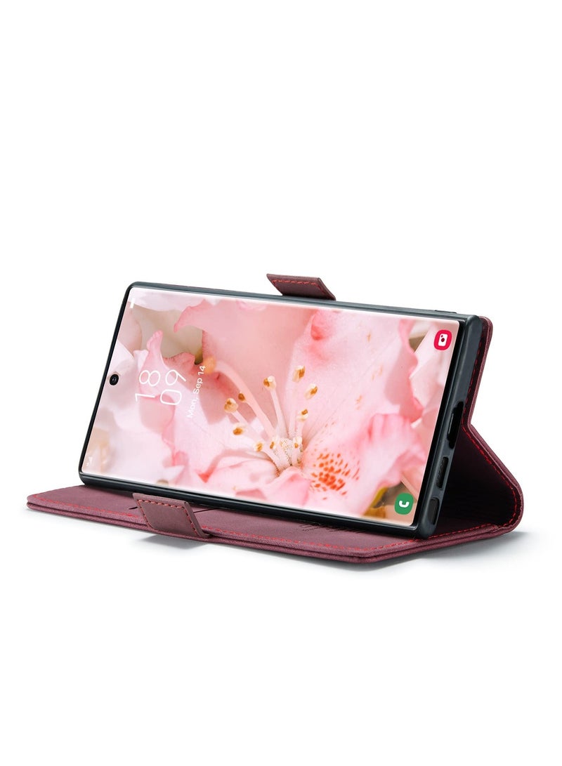 CaseMe Phone Case Luxury PU Leather Design 013 Flip Cover Card Slot Holder Cover For Samsung Galaxy S24 Ultra (Wine Red)  - Image 2