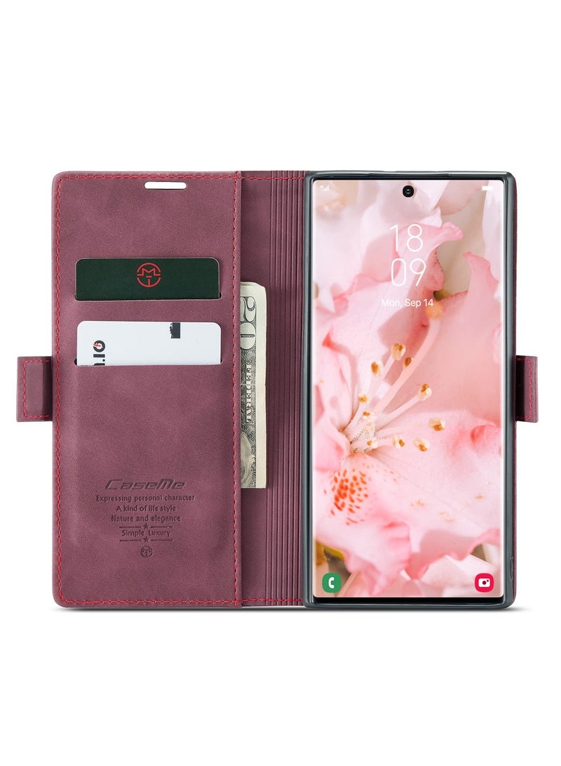 CaseMe Phone Case Luxury PU Leather Design 013 Flip Cover Card Slot Holder Cover For Samsung Galaxy S24 Ultra (Wine Red)  - Image 3