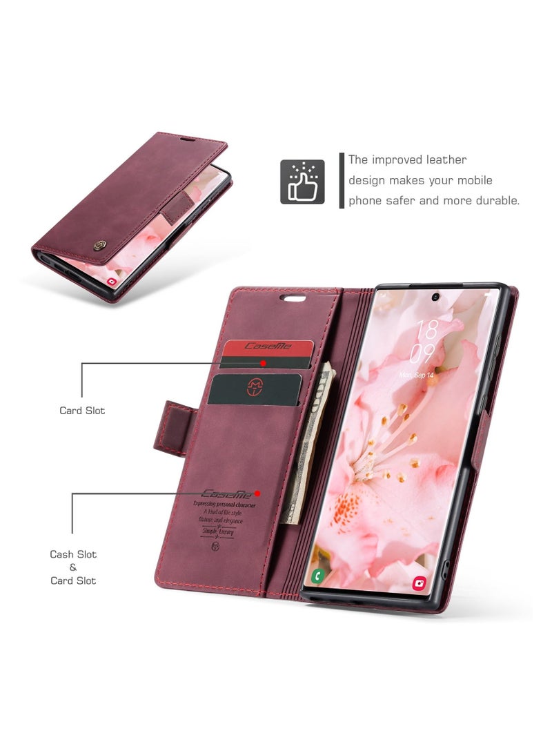 CaseMe Phone Case Luxury PU Leather Design 013 Flip Cover Card Slot Holder Cover For Samsung Galaxy S24 Ultra (Wine Red)  - Image 4