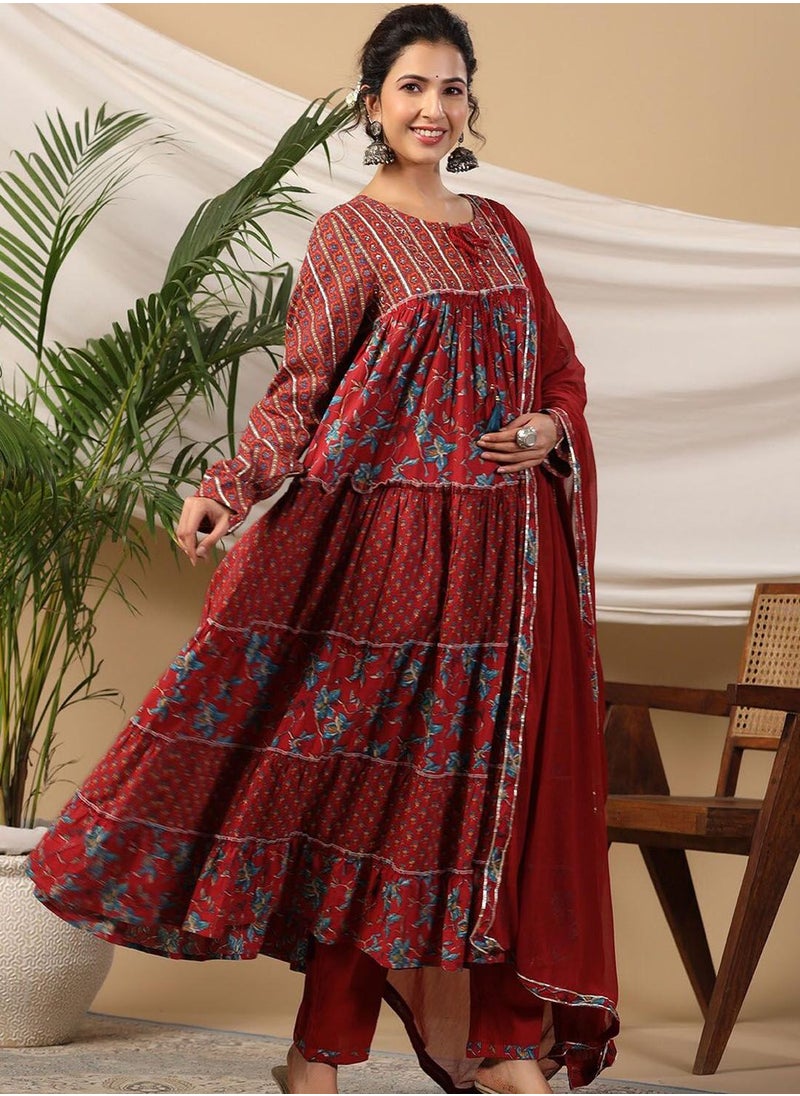 ISHIN Women's Red 100% Cotton Self Design Full Length Palazzo Kurta Set  - Image 5