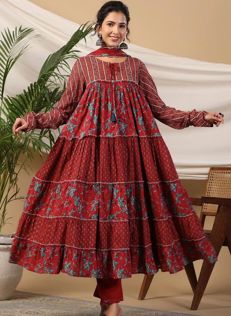 ISHIN Women's Red 100% Cotton Self Design Full Length Palazzo Kurta Set