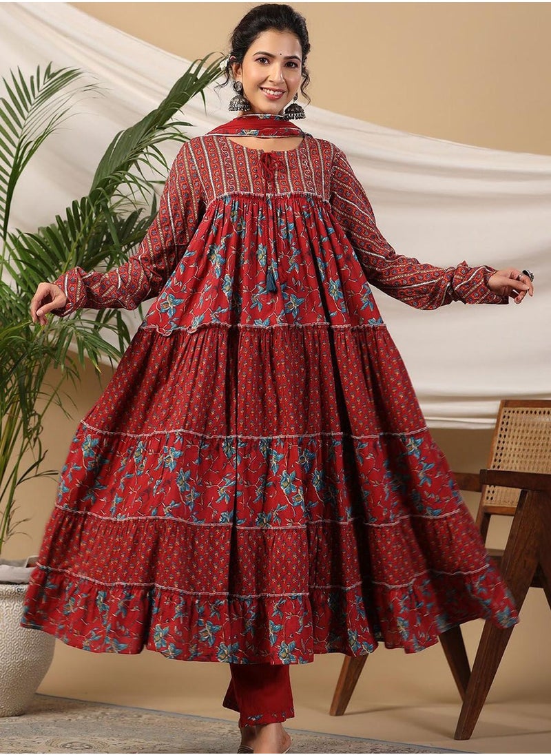 ISHIN Women's Red 100% Cotton Self Design Full Length Palazzo Kurta Set  - Image 3