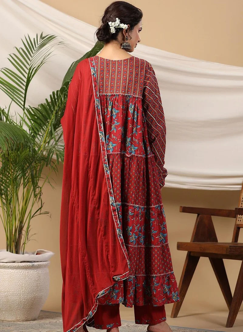 ISHIN Women's Red 100% Cotton Self Design Full Length Palazzo Kurta Set