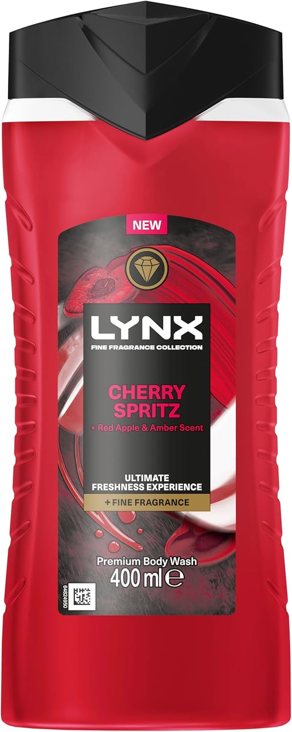 Lynx Fine Fragrance Collection Cherry Spritz Premium Body Wash Shower Gel for 12 hours of freshness infused with a cherry red apple amber scent 400 ml