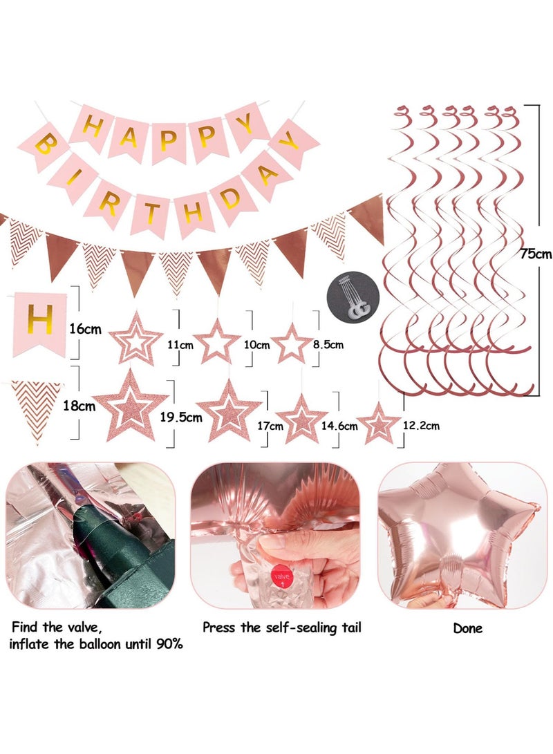 Rose Gold Birthday Decorations, Happy Birthday Banner and Rose Gold Star Balloons, Glitter Hanging Stars with Hanging Swirls, Bunting Banner, for Women Girls Party Decoration - Image 5