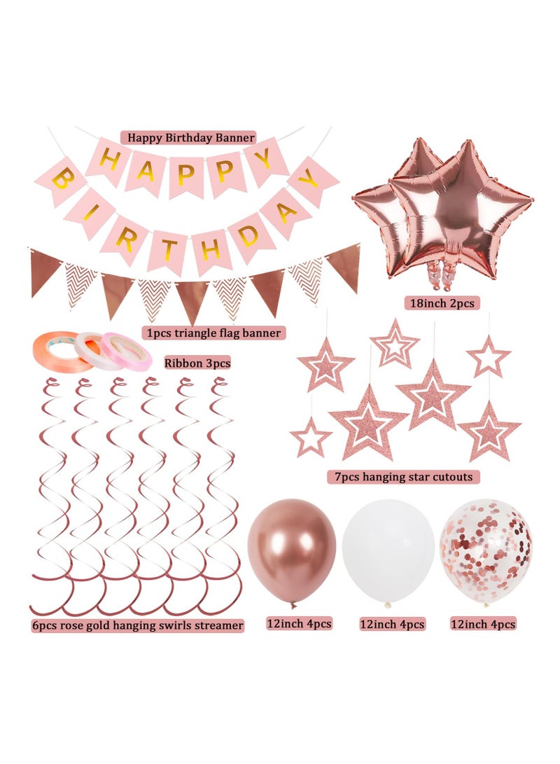Rose Gold Birthday Decorations, Happy Birthday Banner and Rose Gold Star Balloons, Glitter Hanging Stars with Hanging Swirls, Bunting Banner, for Women Girls Party Decoration - Image 2
