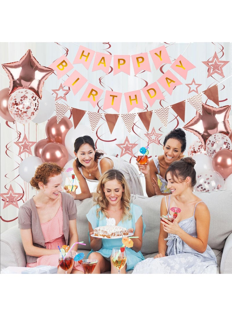 Rose Gold Birthday Decorations, Happy Birthday Banner and Rose Gold Star Balloons, Glitter Hanging Stars with Hanging Swirls, Bunting Banner, for Women Girls Party Decoration - Image 3