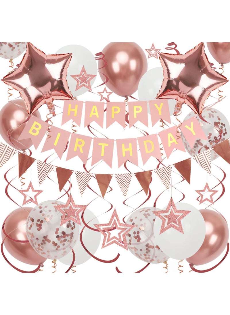 Rose Gold Birthday Decorations, Happy Birthday Banner and Rose Gold Star Balloons, Glitter Hanging Stars with Hanging Swirls, Bunting Banner, for Women Girls Party Decoration - Image 1