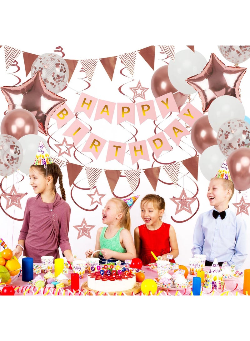 Rose Gold Birthday Decorations, Happy Birthday Banner and Rose Gold Star Balloons, Glitter Hanging Stars with Hanging Swirls, Bunting Banner, for Women Girls Party Decoration - Image 4