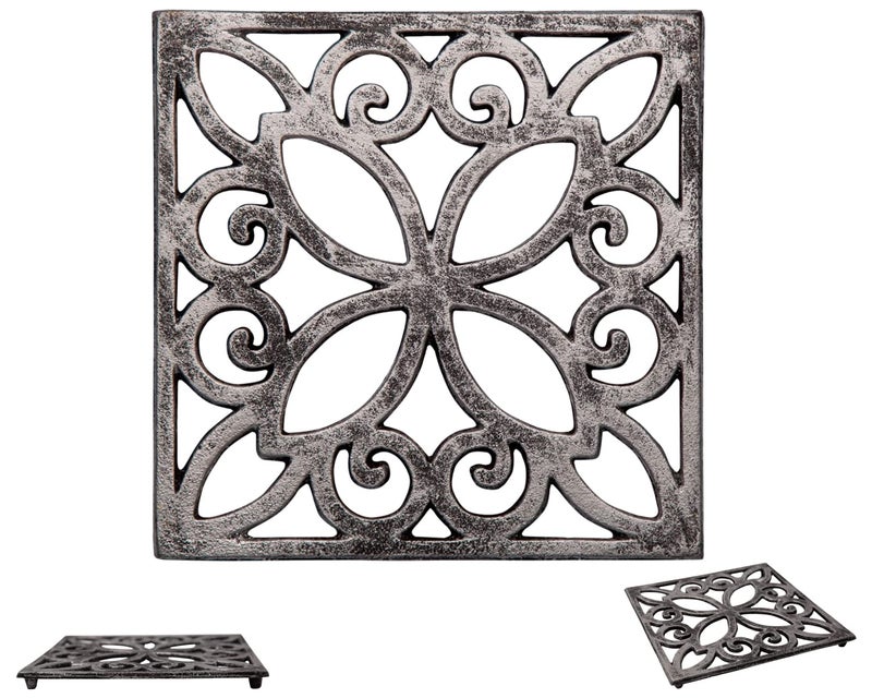 Comfify Decorative Cast Iron Trivet for Kitchen Or Dining Table  Square with Vintage Pattern  65 x 65  with Rubber PegsFeet  Recycled Metal  Vintage Rustic Design  Rust Silver Color