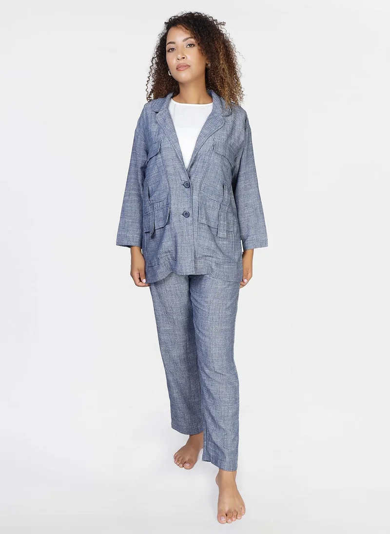 جيمي لي بوند Modest Linen 2 PC  Suit of Casual Blazer Jacket with Straight-Leg Pants and belt