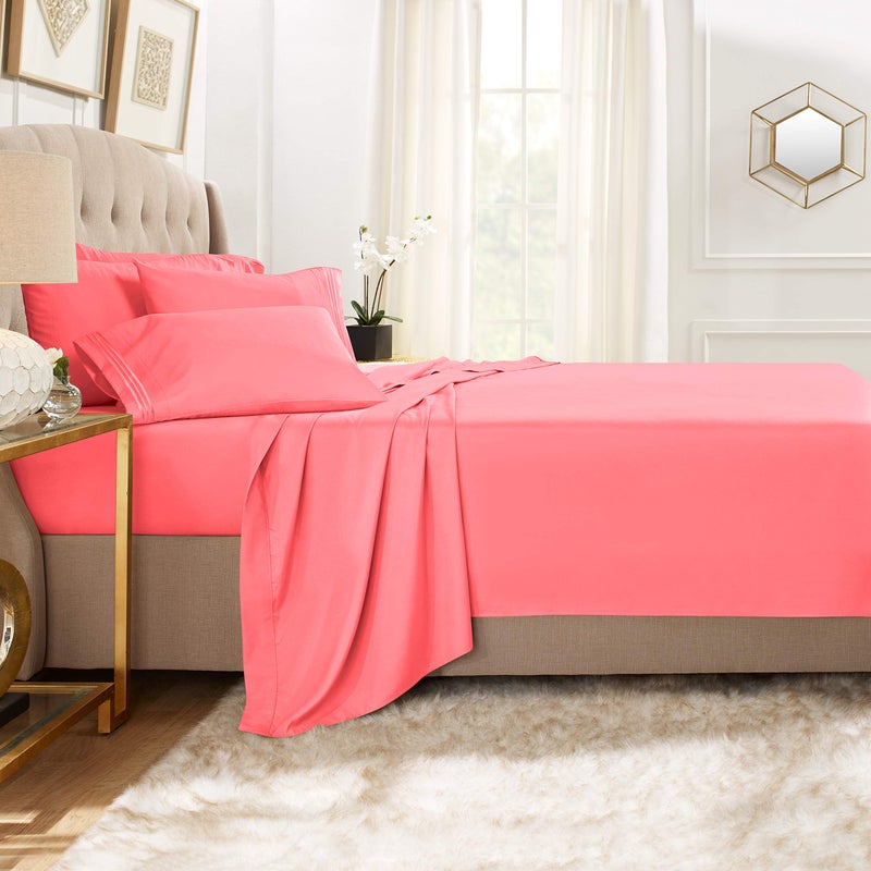 Clara Clark Bed Sheets, Premier 1800 Series Bed Sheet Set with Extra Set Pillowcases, Deep Pocket Fitted Sheet, Luxury Soft Bedding Sheets & Pillowcases, Flex-Top King, Coral Pink - Image 2