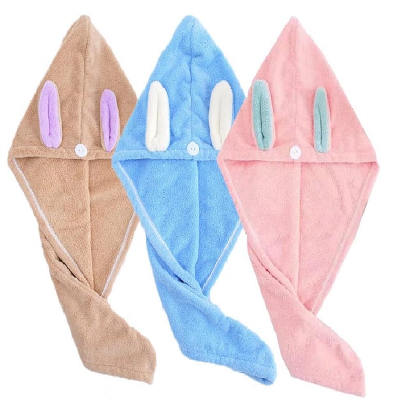 Cute Rabbit Dry Hair CapUltraSoft Hair Dry Hat Towels Microfiber Hair Towel Hair Drying Towel with Button Muti Color 1 Pcs - Image 1