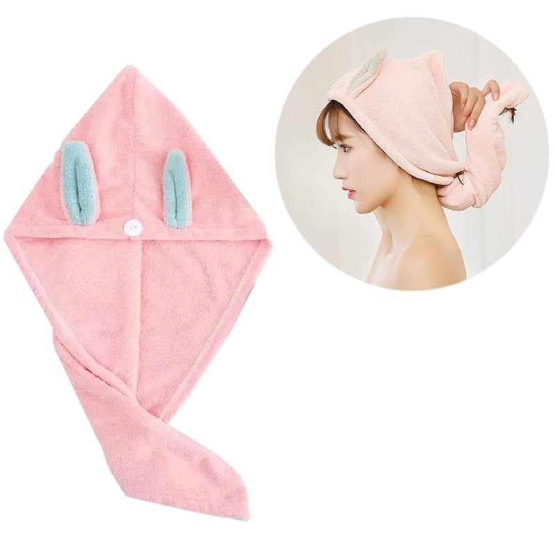 Cute Rabbit Dry Hair CapUltraSoft Hair Dry Hat Towels Microfiber Hair Towel Hair Drying Towel with Button Muti Color 1 Pcs - Image 2
