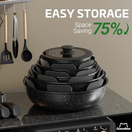 OzawaBear 23 Pcs Pots and Pans Set Non Stick, Ceramic Cookware Set Non Toxic with Detachable Handles, Healthy Induction Cookware Oven Safe RV Kitchen Set, PFAS PFOA & PTFE Free, Black - Image 4