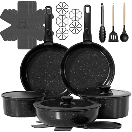 OzawaBear 23 Pcs Pots and Pans Set Non Stick, Ceramic Cookware Set Non Toxic with Detachable Handles, Healthy Induction Cookware Oven Safe RV Kitchen Set, PFAS PFOA & PTFE Free, Black - Image 1