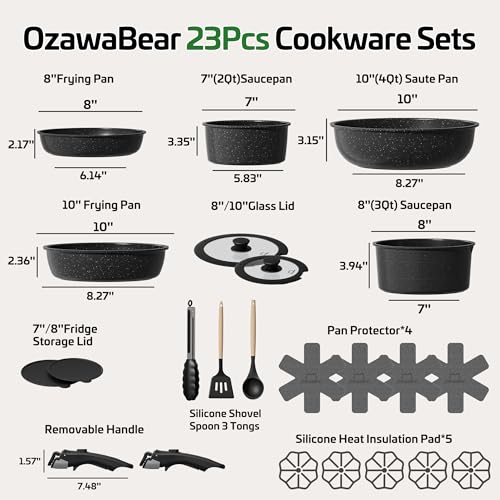 OzawaBear 23 Pcs Pots and Pans Set Non Stick, Ceramic Cookware Set Non Toxic with Detachable Handles, Healthy Induction Cookware Oven Safe RV Kitchen Set, PFAS PFOA & PTFE Free, Black - Image 2