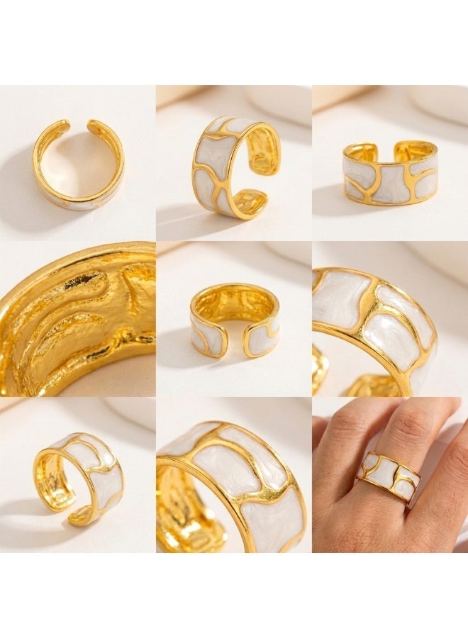 Shein Gold Mosaic Marble Ring – White Enamel Design – Adjustable Free Size – Hypoallergenic Stainless Steel - Image 3