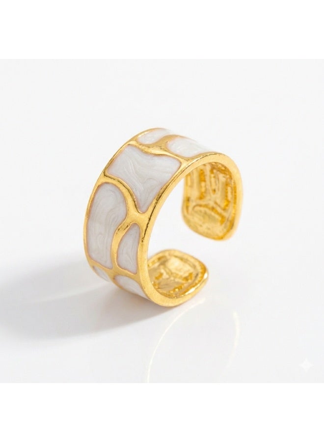 Shein Gold Mosaic Marble Ring – White Enamel Design – Adjustable Free Size – Hypoallergenic Stainless Steel - Image 1
