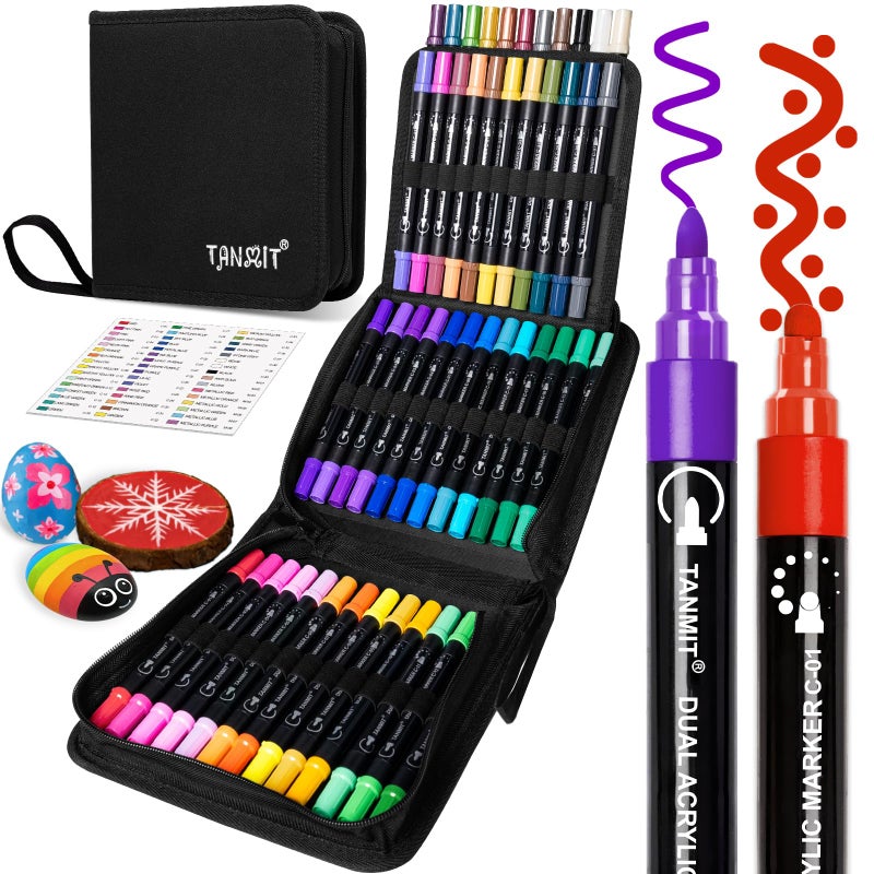 TANMIT Acrylic Paint Pens Markers 48 Colors Dual Tip Acrylic Paint Pens for Rock Painting Wood Canvas Stone Glass Ceramic Surfaces DIY Crafts Making Art Supplies Round Tip and Fine Tip