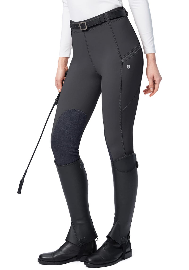 SANTINY Womens Horse Riding Pants with Zipper Pockets KneePatch Schooling Tights Equestrian Breeches for Women Dark Grey_M - Image 2